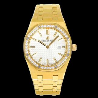 AAA Replica Audemars Piguet Royal Oak Quartz 67651BA.ZZ.1261BA.01 JF Factory Yellow Gold Diamond Ladies Watch