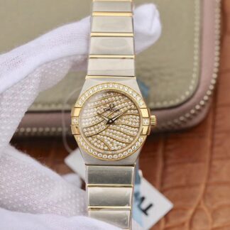 AAA Replica Omega Constellation 27MM TW Factory Yellow Gold Textured Diamond Dial Ladies Watch
