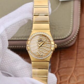 AAA Replica Omega Constellation 27MM TW Factory 18K Yellow Gold Textured Diamond Dial Ladies Watch