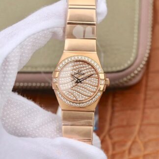 AAA Replica Omega Constellation 27mm TW Factory 18K Rose Gold Textured Diamond Dial Ladies Watch