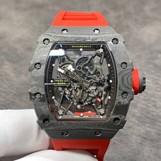 AAA Replica Richard Mille RM35-02 KV Factory Black Carbon Fiber Case Red Strap Mens Watch