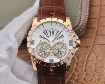 AAA Replica Roger Dubuis Excalibur RDDBEX0249 JB Factory Tourbillon Rose Gold White Dial Mens Watch