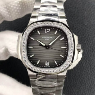 AAA Replica Patek Philippe Nautilus Ladies 7118-1200A-011 PF Factory Diamond Grey Dial Ladies Watch