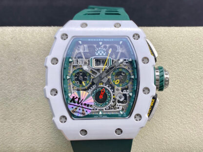 AAA Replica Richard Mille RM011-03 KV Factory White Ceramic Case Green Strap Mens Watch