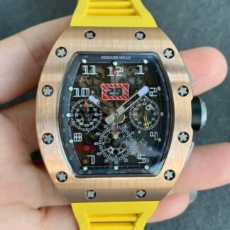 AAA Replica Richard Mille RM011 KV Factory Rose Gold Case Yellow Strap Mens Watch