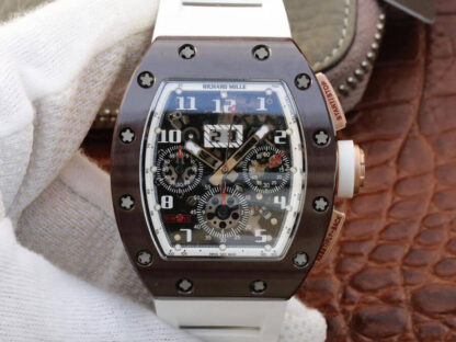 AAA Replica Richard Mille RM011 KV Factory Brown Ceramic Case White Strap Mens Watch