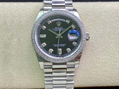 AAA Replica Rolex Day Date 118346 36MM EW Factory Diamond Black Dial Ladies Watch