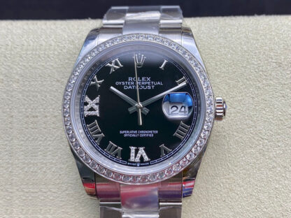 AAA Replica Rolex Datejust 36MM EW Factory Diamond Black Dial Mens Watch