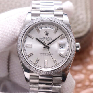 AAA Replica Rolex Day Date M228349RBR-0001 EW Factory Silver Diamond Bezel Mens Watch