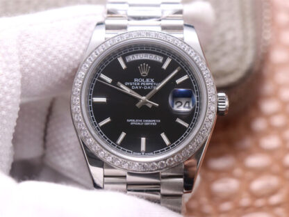 AAA Replica Rolex Day Date M228349RBR-0002 EW Factory Diamond Black Dial Mens Watch