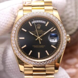 AAA Replica Rolex Day Date EW Factory Yellow Gold Black Dial Mens Watch