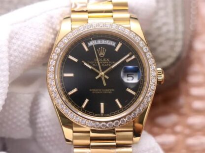 AAA Replica Rolex Day Date EW Factory Yellow Gold Black Dial Mens Watch