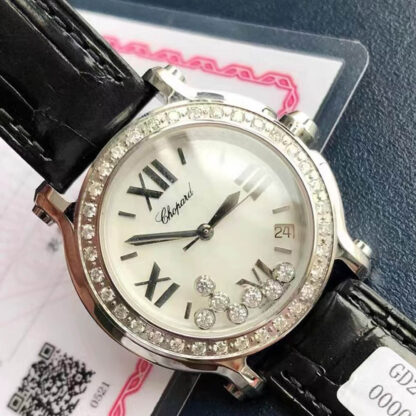 AAAReplica Chopard HAPPY DIAMONDS Black Leather Strap Woman Watch | aaareplicawatches.is